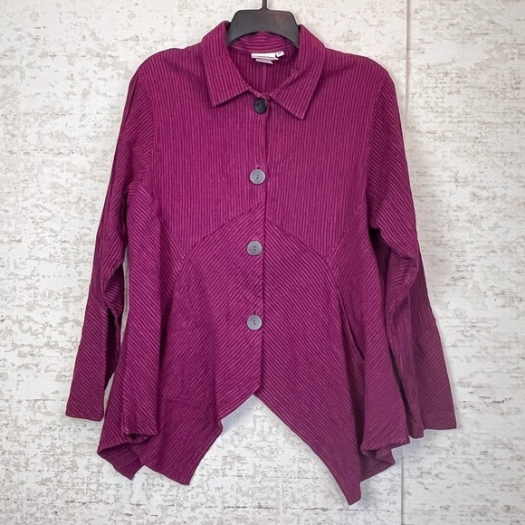 MILL VALLEY Hobo Linen Blend Shirt Asymmetrical Shark Bite Top Purple Striped - Picture 1 of 14